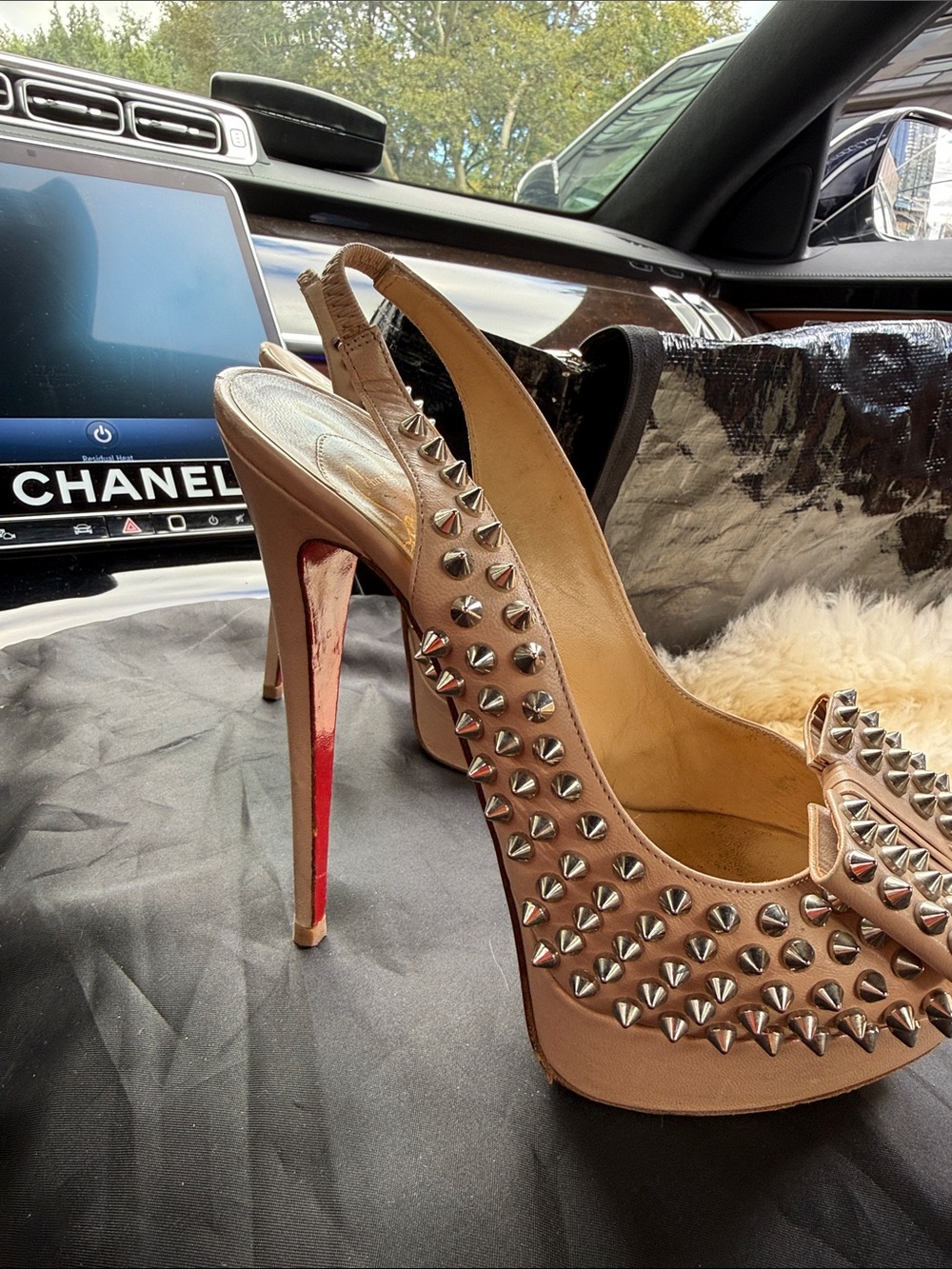 Christian Louboutin Nude Pink Slingback Spiked Platform Pump with Red Sole